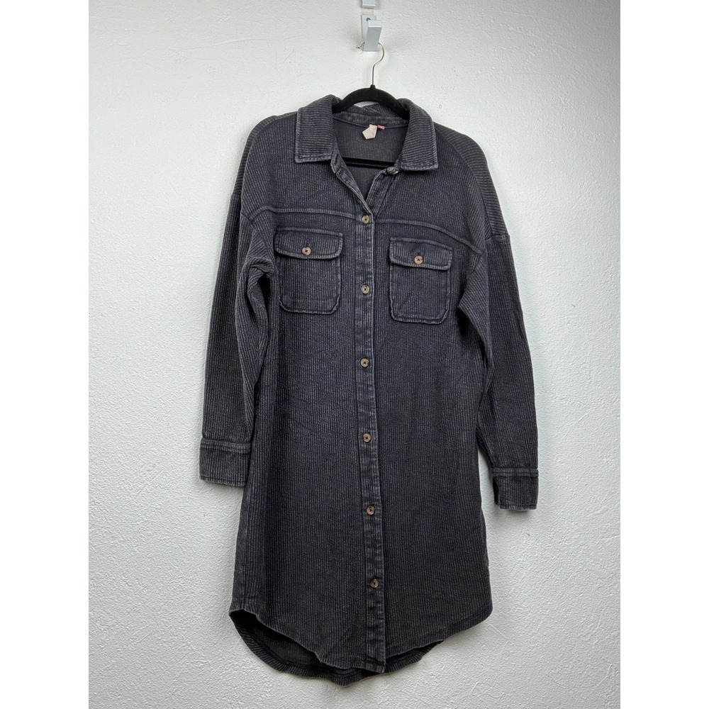 Pilcro Charcoal Grey Shirt Dress - XS - Ribbed Cotton Button Up Boho Utility